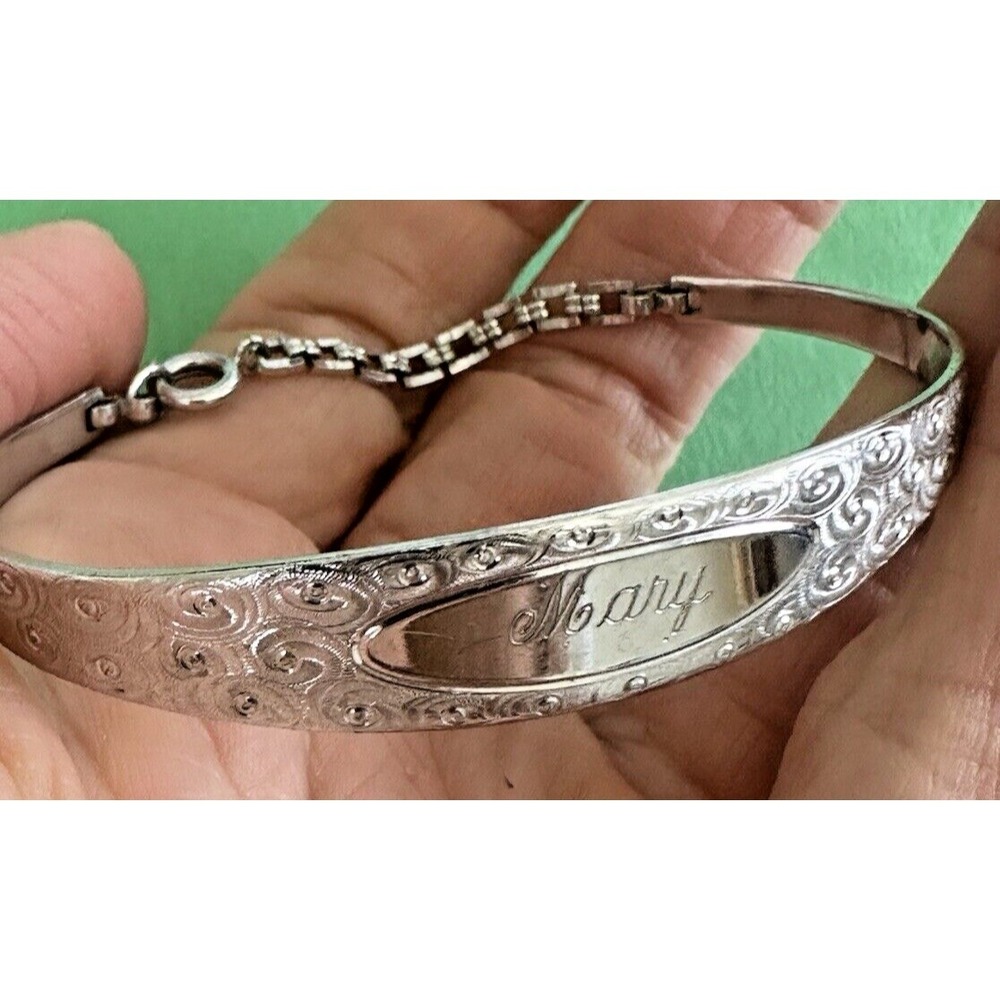 Jacoby Bender ID Bracelet Silver Engraved Mary Cuff Chain JB Signed Etched